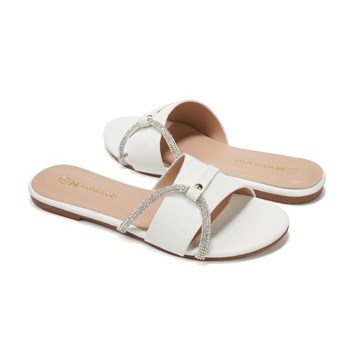 Women's Flat Sandals Rhinestone Strappy Buckle Slides With Soft Memory Foam Insole, Dressy Beach Leather Slippers for Summer Vacation2