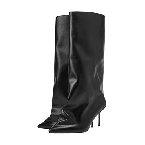 Lunhonk Knee High Boots Women, Slouchy Shark Boots with Pointed Toe Stiletto Heel Long Stylish Pull on High Heel Booties for Women
