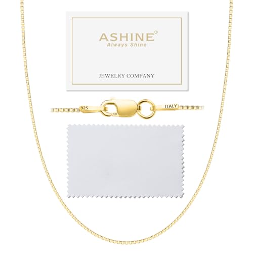 ASHINE 22 inch Gold Box Chain Necklace for Women Gold Chain for Women Non Tarnish Long Thin Dainty Sterling Silver 18k Pleated Simple Lobster Clasp Necklace Valentine Jewelry