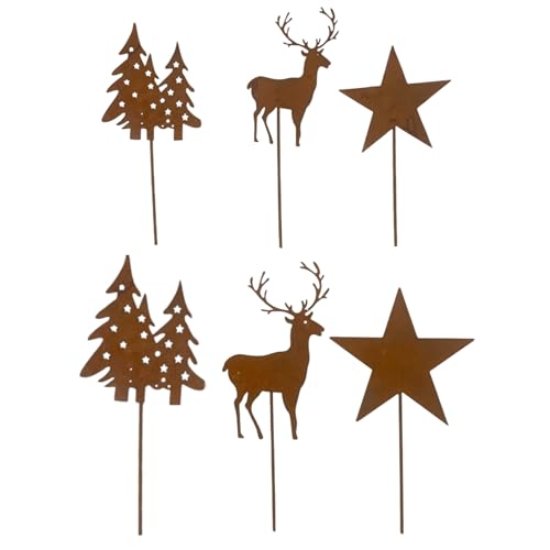 Weihnachtsdeko für Balkonkästen 5 naninoa Metall Stecker Hirsch, Baum, Stern. 2 x 3 Stück Set. Rost...