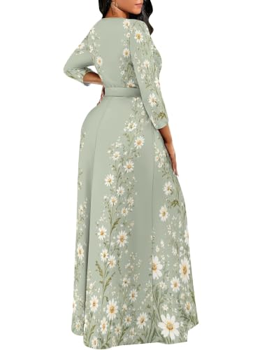 Image of Women Plus Size Long Sleeve V Neck Maxi Dress with Belt | Soft fabric relaxed fit three quarter sleeve v neck with pockets for party and daily wear