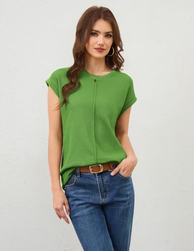 Image of Women Summer Casual Cap Sleeve Tank Tops Short Sleeve Waffle Knit Sweater Vest Oversized Crewneck Tee Shirt Green