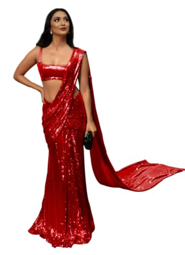 Image of Women's And Girl's Heavy Sequins Work Georgette Saree with Blouse (Wedding-Sequins-Party-Saree)