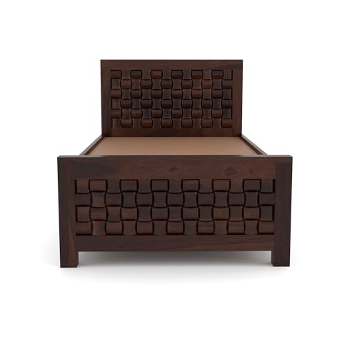 Image of Sheesham Wood Single Size Bed with Storage Box | Wooden Cot for Bedroom | Premium Niwar Design Headboard Bed for Living Room | Walnut Finish