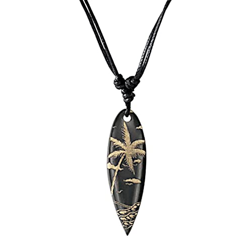 CHICNET - Collar de surfista de madera con grabado de algodón ajustable marrón tabla de surf para hombre y mujer, cadena de madera olas palmera estrella