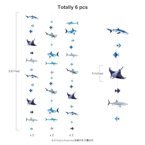 Image of Cheerland Shark Garland Shark Week Party Decorations Hanging Under the Sea Animals Geometric Ocean Theme Nautical Fish Birthday Decor Summer Fish Streamers Sea Creature Theme Backdrop Pack of 6