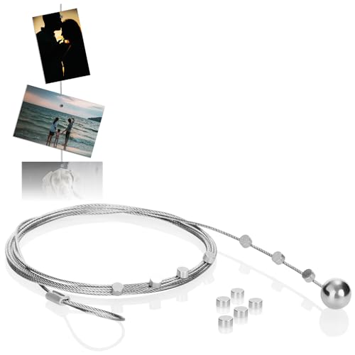 com-four® Set Filo per Appendere Foto con 12 Magneti, circa 190 cm x 1,2 mm, in Metallo - Corda Porta Foto con Magneti per Appendere delle Foto (01 pezzi)