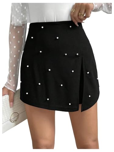 Floerns Women's Pearl Beaded Slit Skort Elastic High...