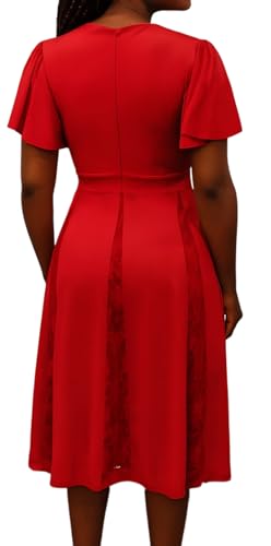 Image of Womens Red Cocktail Prom Dresses 2025 Summer Sexy V Neck Lace Maternity Clothes Formal Wrap Wedding Guest Bridesmaid Midi Dress,Small