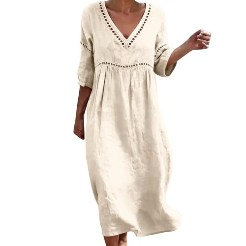 Vestido de algodón y lino con cuello en V para mujer, manga 3/4, bordado hueco, holgado, vestido midi con bolsillos, vestido de playa estilo bohemio, vestido de verano para mujer, cintura imperio