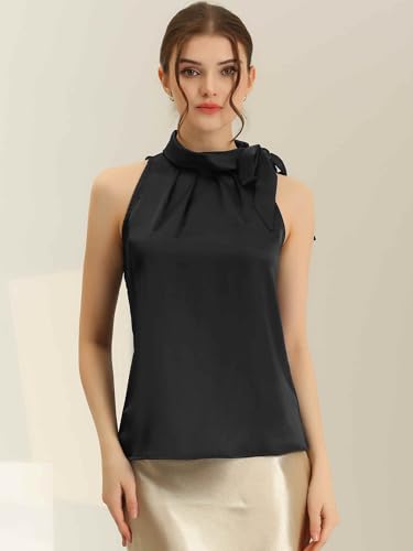 Allegra K Women's Satin Tank Tops Dressy Casual Bow Tie Mock Neck Sleeveless Work Blouse Shirt2