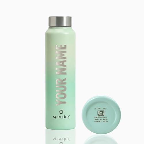 Image of Speedex Customised Engraved Name Stainless Steel Water Bottle 1 Ltr - Personalised Screw Cap Bottle for Kids, Men & Women, School, Office, Gym, Dual Green, Set of 1