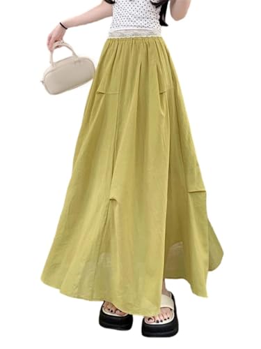 Pulcykp Women Summer Solid Pleated Midi Skirt Elastic Waist A-Line Umbrella Skirt Boho Beach Vacation Skirts3