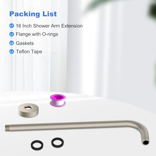 Hibbent 16 Inch All Metal Shower Extension Arm, Extra Long Stainless Steel Rainfall Shower Arm Water Outlet with Flange, Wall Mounted Shower Head Extender, Brushed Nickel - image 7