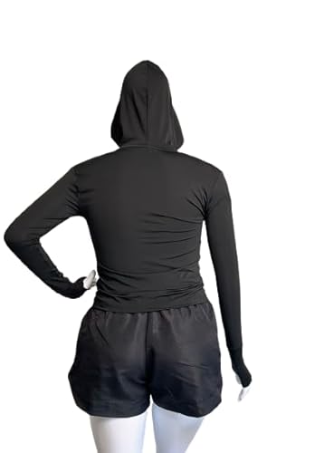 Jaqueta feminina com capuz, ziper e dedeira poly uv fitness Tamanho:P;Cor:Preto