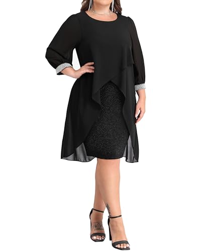 Image of Talisea Plus Size Cocktail Dress - Elegant Chiffon Cape 3 /4 Sleeves Glitter Evening Party Wedding Guest Dresses Women Formal