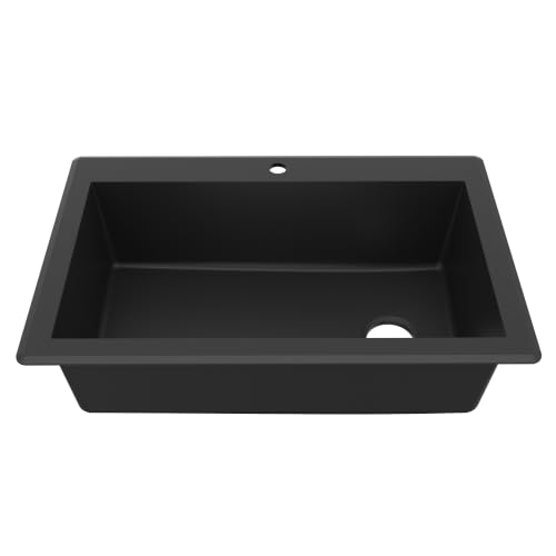 Karran QT-670 Drop-In/Top Mount 33' Single Bowl Granite Quartz Composite Kitchen Sink in Black Right Side Drain, Extra Deep 9' Basin, Heat & Scratch Resistant, Sound Dampening