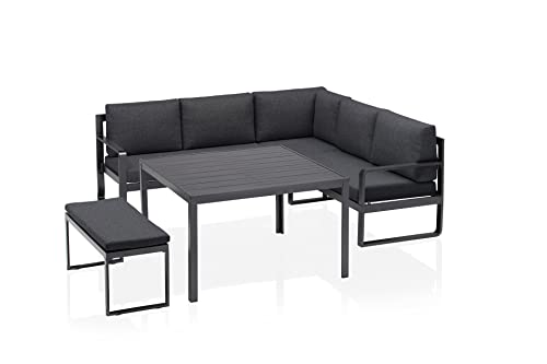 KETTLER Ocean Casual Dining Eckset inkl. Kissen – Moderne Sitzlounge aus Aluminium mit 2-Sitzer, 3-Sitzer, Bank & Tisch – komfortable Garten Sitzgruppe mit Liege-Option – anthrazit/anthrazit