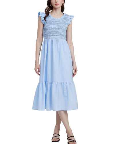 Women's Embroidered Smocked Midi Dress Casual Boho Ruffle Sleeve Crewneck Long Flowy Summer Dress