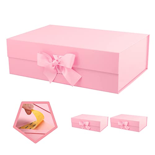 PACKQUEEN 3 Large Gift Boxes with Ribbon, Gift Boxes with Lids Large, Glossy Pink Gift Boxes, Bridesmaid Proposal Box, Luxury Gift Box for Presents (13.5x9x4.1 Inches)