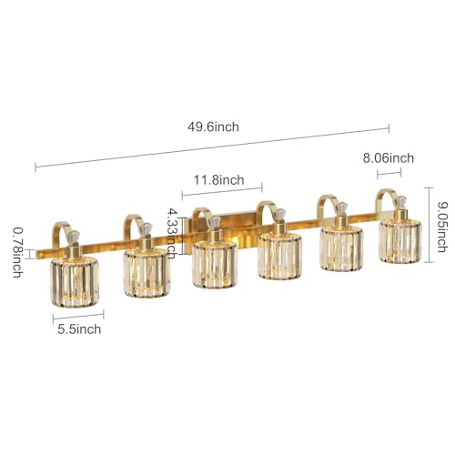 Image of GarveeTech Crystal Gold Bathroom Vanity Light 6 Light Modern Bathroom Light Fixtures Over Mirror Modern Crystal Vanity Lighting