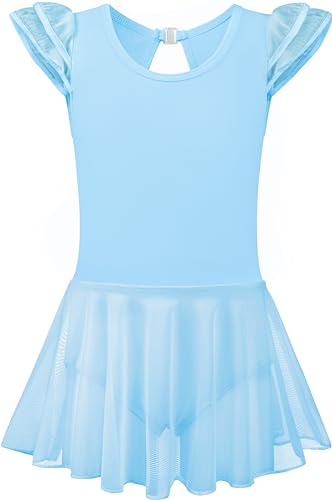 Girls Ballet Leotard for Dance Skirted Dresses with Ruffle Sleeves, Hollow Back, Mesh Hi-Low Skirt
