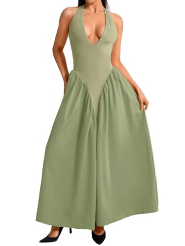 Image of ChiaoLezhee Deep V Neck Dress, Halter Maxi Dresses, Vacation Date Night, Sexy for Women Corset Flowy Wedding Guest Drop Waist