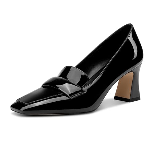 Castamere Womens Chunky Block Mid Heel Square Toe Pumps Slip-on Office Dress Patent Leather Loafers Shoes 2.8 Inches Heels