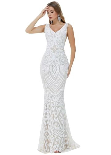 Image of Women's Wedding Bridesmaid Gown Sequined Mermaid V Neck Sleeveless Evening Dress