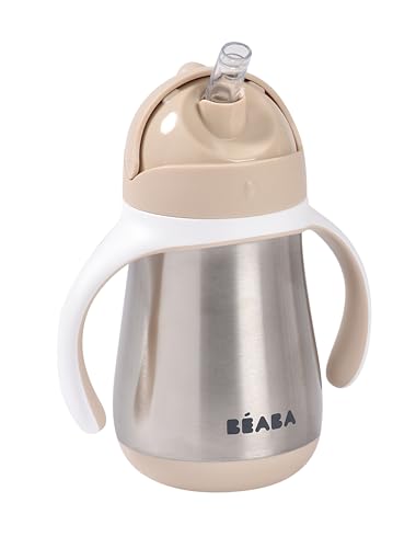 Beaba Stainless Steel Straw Sippy Cup, Insulated Toddler Cups Spill Proof with Removable Handles, Made with High Grade Stainless Steel, 8+ months, 8.5...