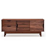 GOPLUS Meuble TV pour TV de 152 CM, Table de Télévision avec 2 Tiroirs et 2 Portes Coulissantes, Charge de 60 KG, Banc TV Bas Multifonctionnel, avec Trou pour le Rangement des Fils, Noyer/Gris (Noyer)