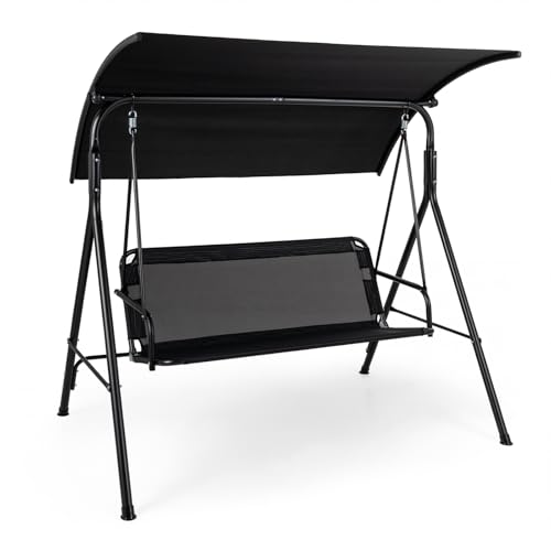 Image of Tangkula 3 Person Porch Swing, Patio Swing with Adjustable Canopy, 800 lbs Heavy-Duty Metal Frame & Breathable Fabric Seat, Outdoor Swing for Backyard Lawn Deck