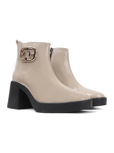 Image of ELLE Women's Glossy Platform Ankle Bootie Chunky Heel with Gold-Tone Emblem