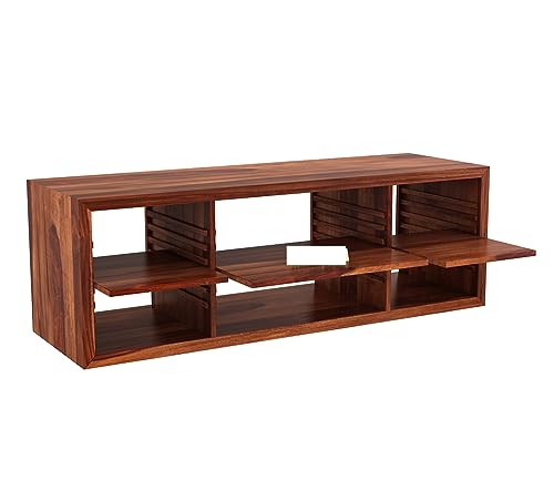 Image of Elegant Solid Sheesham Wood TV Unit for Living Room - 6 Adjustable Shelves, Accommodates up to 60-Inch TV (Dallas, Honey Finish)