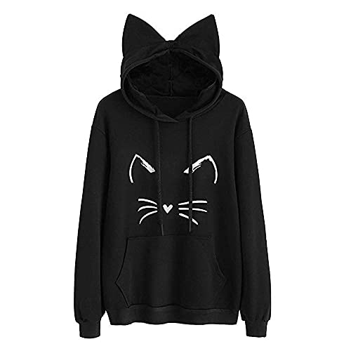 Zpervoba Women Girl Hoodies Cute Cat Ear Novelty Printed Pullover Sweatshirt Casual Cartoon Hoodies #TOP2