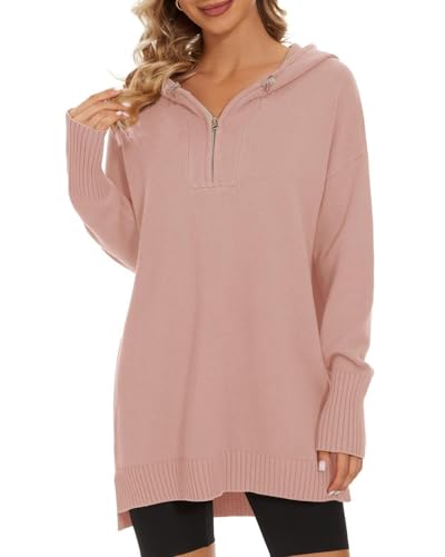 Image of Women's Hooded Sweater Loose Half Zip Drawstring Pullover Sweatshirt Top Casual Long Sleeve Side Slit Knit Hoodie