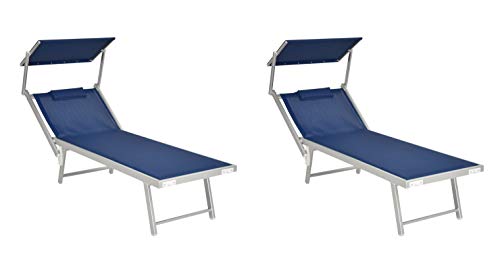 XONE Coppia Lettini Sdraio Spiaggia PRO 2 Posizioni Colore Blu + Prendisole Regolabile per Spiaggia, stabilimento balneare, Giardino, terrazzo. Dimensioni 183/190x61x38cm