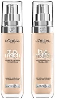 Fond de teint liquide L'Oréal Paris True Match, soin de la peau infusé à l'acide hyaluronique, SPF 17, disponible en 40 teintes, nuance froide 3,R/3,C, 30 ml (Lot de 2)