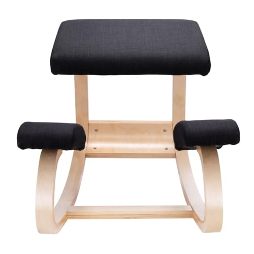 Image of Desky Ergonomic Black Kneeling Chair - Adjustable Wooden Frame with Cushioned Seat and Knee Pads, Natural Finish, Home Office & Study Support