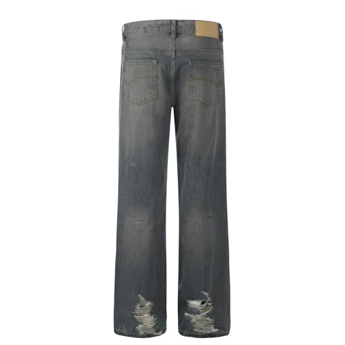 Jeans Pants Trouser Denim Street Trendy Water Washed Blue Wear and Tear Hole Casual Straight for Men4
