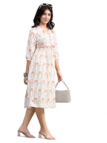 Image of Rama's Women's Printed Cotton One Piece Dress | V-Neck | 3 /4 Sleeves | Empire Waist | Knee Length Casual Dress for Women