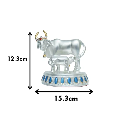 Image of Silver Plated Cow and Calf Idol | Satin Finish Holy Kamadhenu Statue on Royal Blue Base | Spiritual Decor for Home & Pooja Room | 15.3 x 9 x 12.3 cm