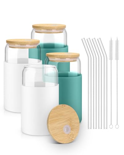 Image of sungwoo Glass Cups with Lids and Straws, 4 Pack 16OZ Iced Coffee Cups with Silicone Sleeve, Glass Tumbler with Straw and Bamboo Lid, Home Essential Drinking Set for Juice, Cocktail and Tea White&Green