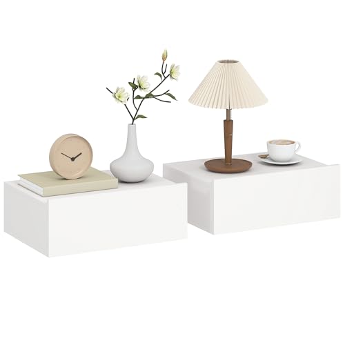 HOMCOM Set de 2 Mesitas de Noche Flotantes con 1 Cajón Diseño Montado en la Pared Estilo Moderno para Dormitorio 40x30x15 cm Blanco