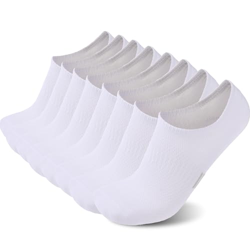 Sunew Moisture Control No Show/Low Cut Socks,Mens No Show Low Cut Short Casual Socks for Men with Non-Slip Grips, 8 Pairs White Large