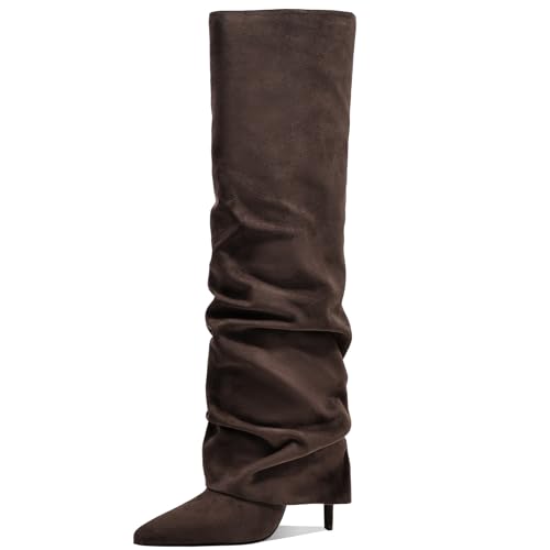 Image of Women's Knee High Boots Fold Over High Heel Pointed Toe Black White Long Boots Women Dress Tall Boots for Women