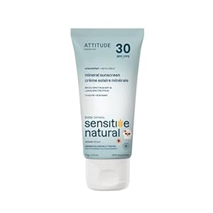 ATTITUDE Mineral Sunscreen for Baby and Kids with Sensitive Skin, EWG Verified, Broad Spectrum UVA/UVB, Dermatologically Tested, Plant and Mineral-Based Formula, Vegan, SPF 30, Unscented, 2.6 Oz