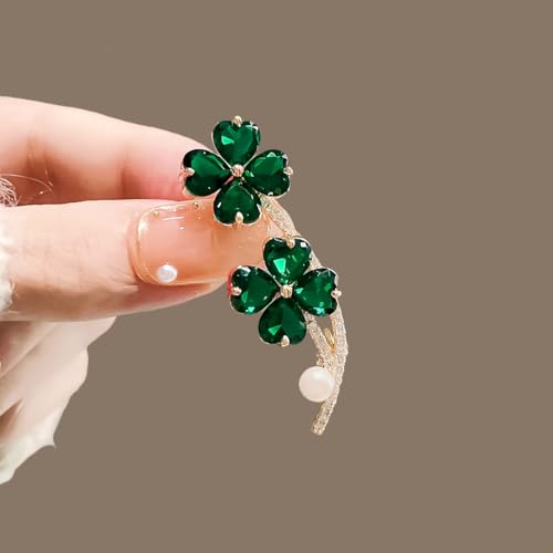 Image of Rhinestone Clover Leaf Brooch Pin, Green Four Leaf Clover Pin Shamrock Lapel Pin, Gold Plated Vintage Crystal Flower Brooches