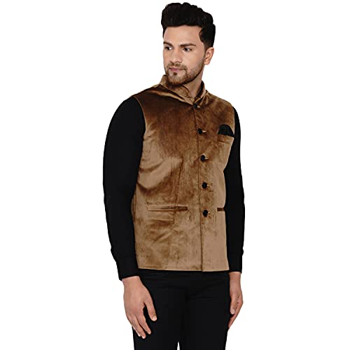Men's Velvet Solid Nehru Jacket (Golden)2