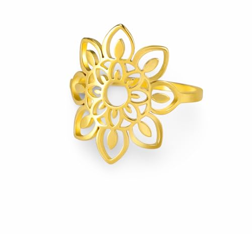 Women's Gold Plated Stainless Steel Filigree Lotus Flower Ring, Statement Jewelry for Wedding, Engagement